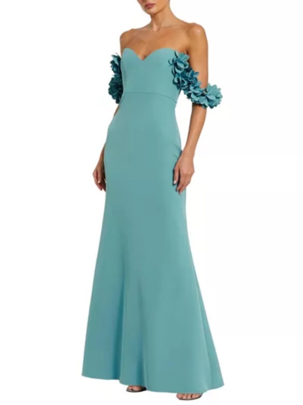 IEENA FOR MAC DUGGAL $790 Blue Crepe Off The Shoulder Gown With 3D Flowers 10